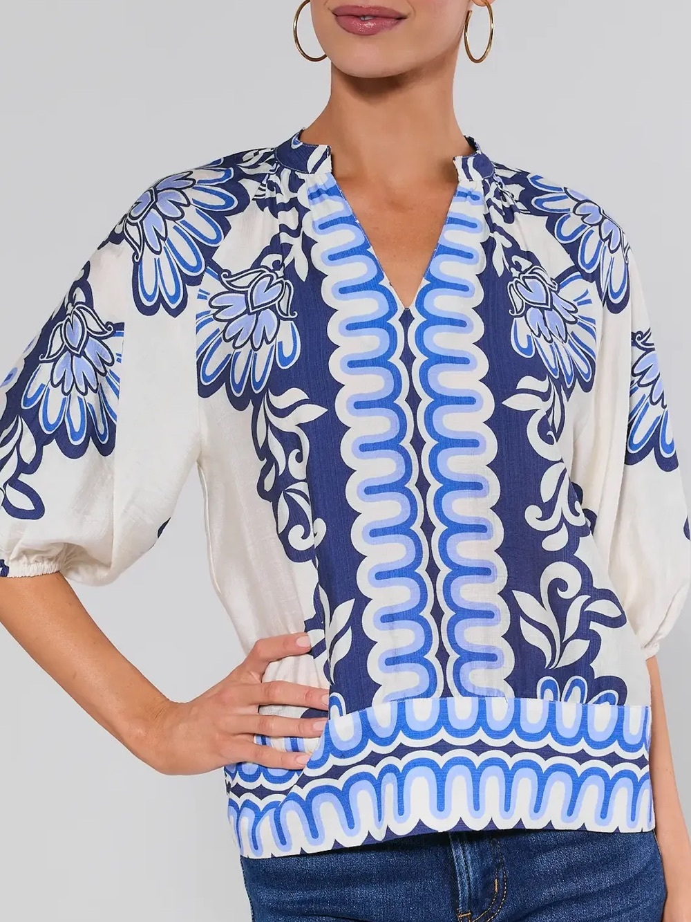 THML Blue and White Printed Boho Blouse